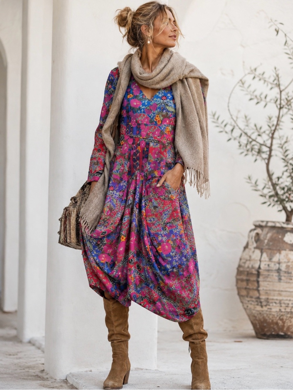 Boho Long Sleeve Floral V-Neck Handkerchief Hem Dress w/ Pockets Cotton Midi